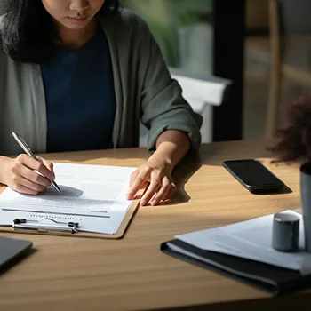 A person with a pen reviewing a document on a wooden desk, next to a laptop, smartphone, and a small potted plant.
