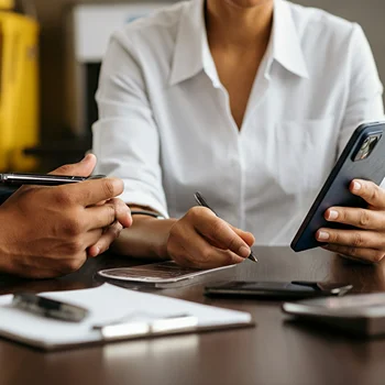 A person in a white shirt holds a smartphone in one hand and a pen in the other, with a calculator on a wooden table.