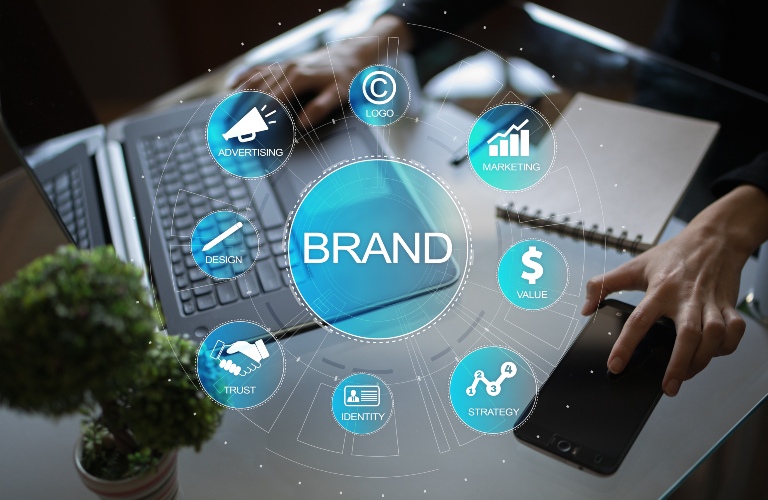 Brand management concept on virtual screen