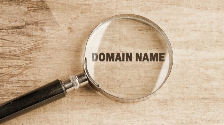 The magnifying glass focuses on the words domain name